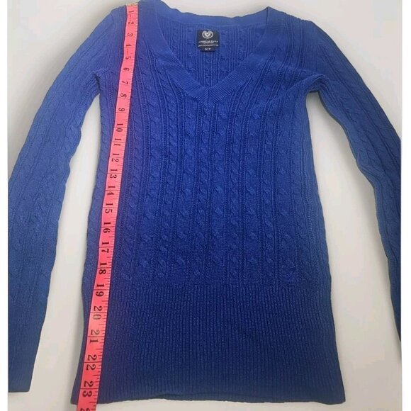 American Eagle Cable Knit V Neck Sweater Womens Small Blue - Picture 4 of 4